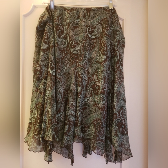 Green and Brown Hankerchief Hem Silk Skirt - Picture 2 of 4